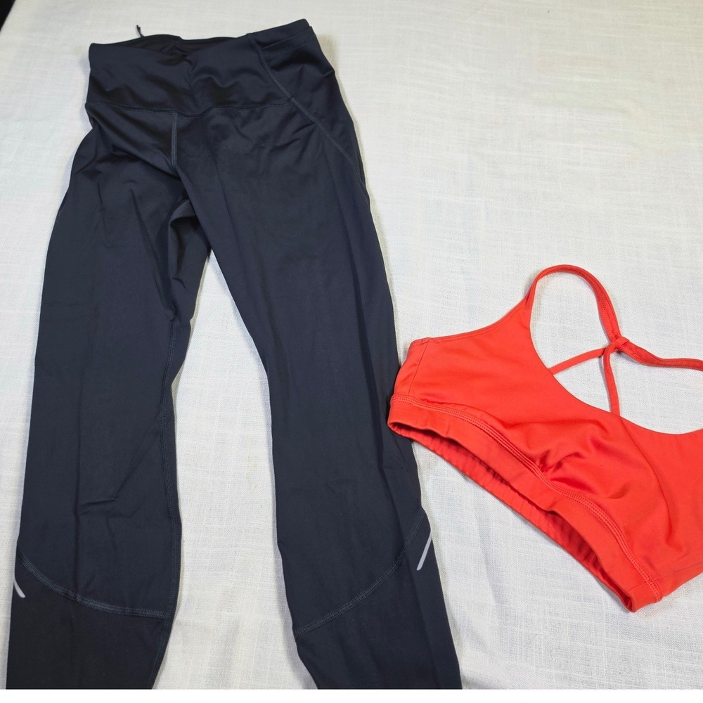 All in Motion Womens Activewear Set Black Leggings and Orange Strappy Sports Bra
